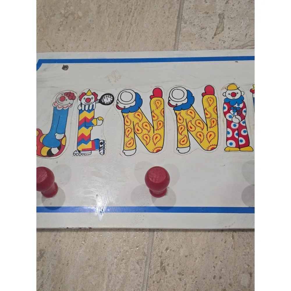 Vintage JENNIFER 1960's Children's Coat Rack 4 Peg Bellei Clowns Stickers